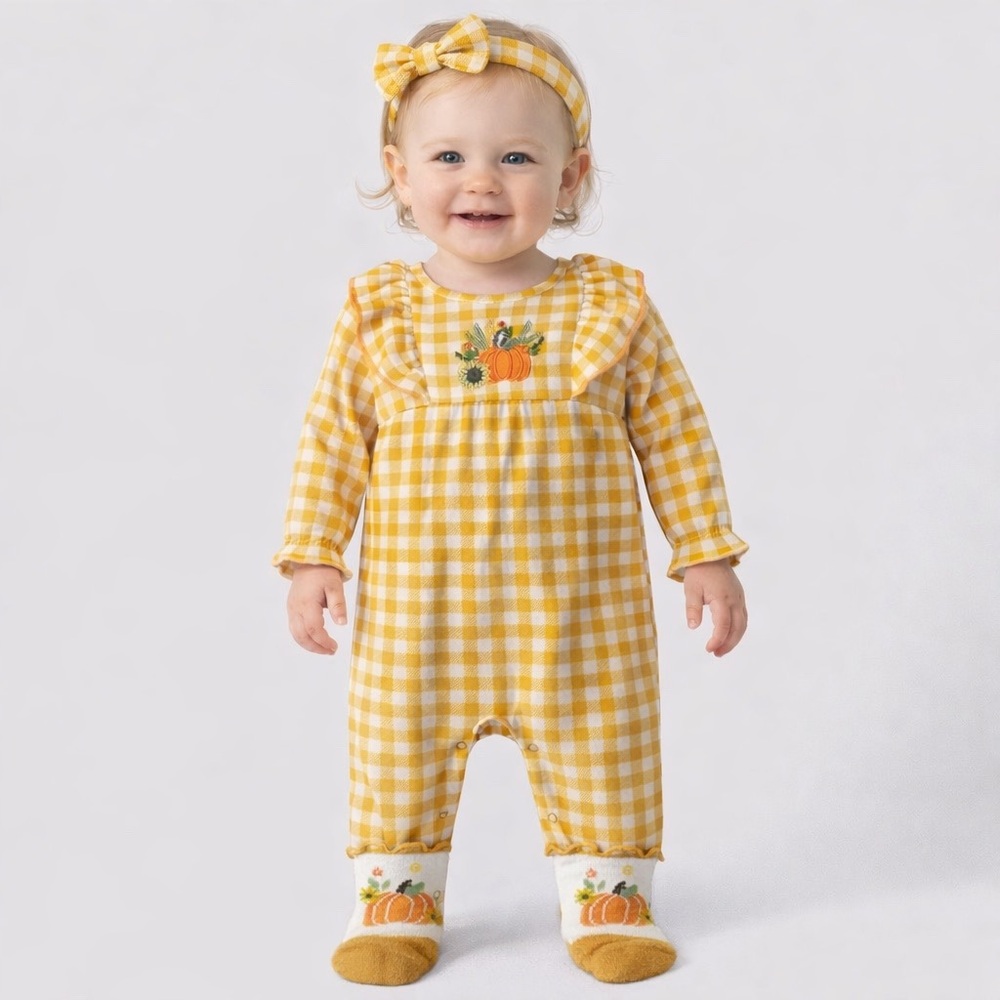 New with Tags! Baby Essentials Pumpkin Gingham Fall Romper Set 3 and 6 Months